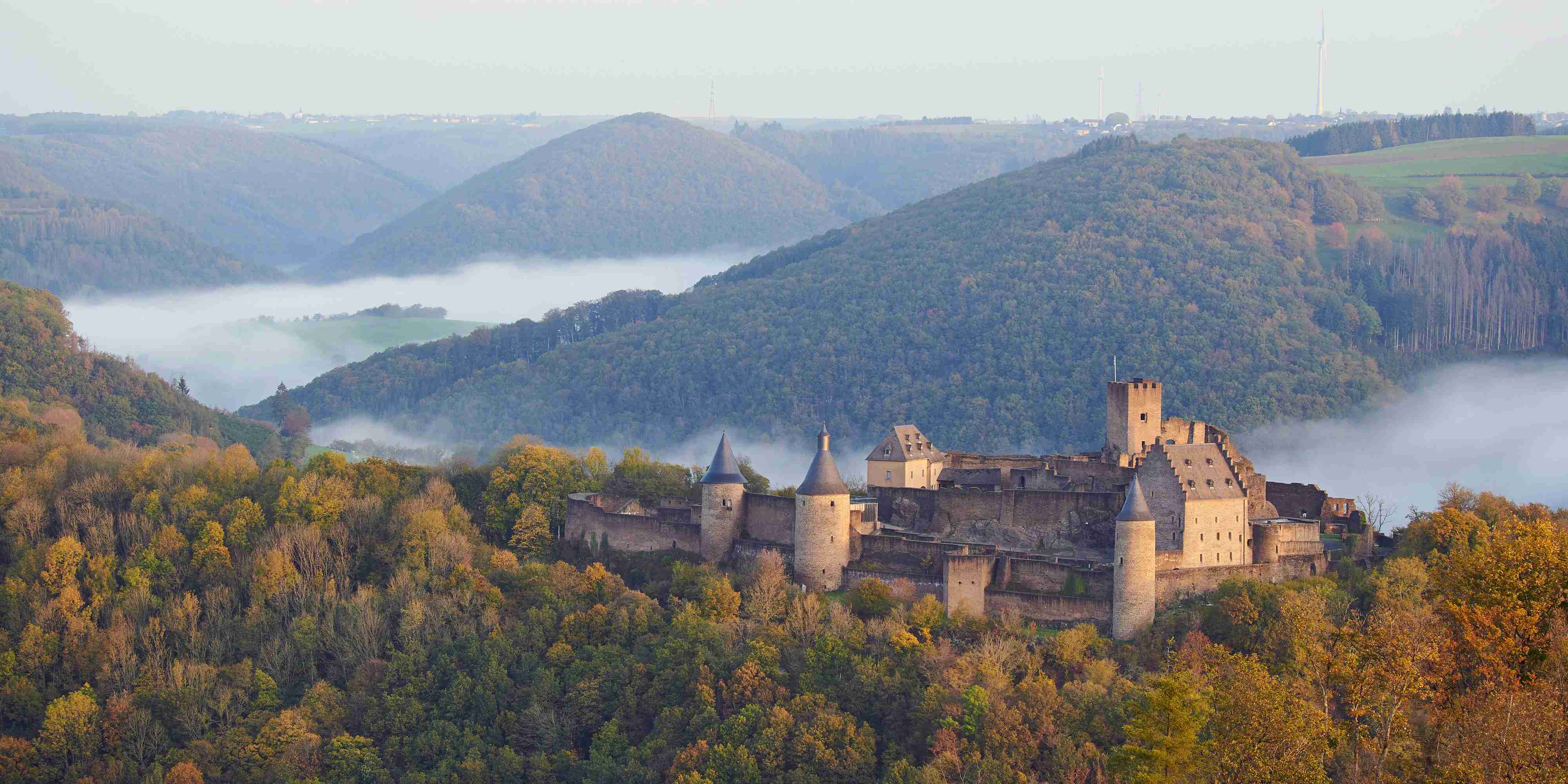 Castle Amidst Forest Hills with Morning Mist