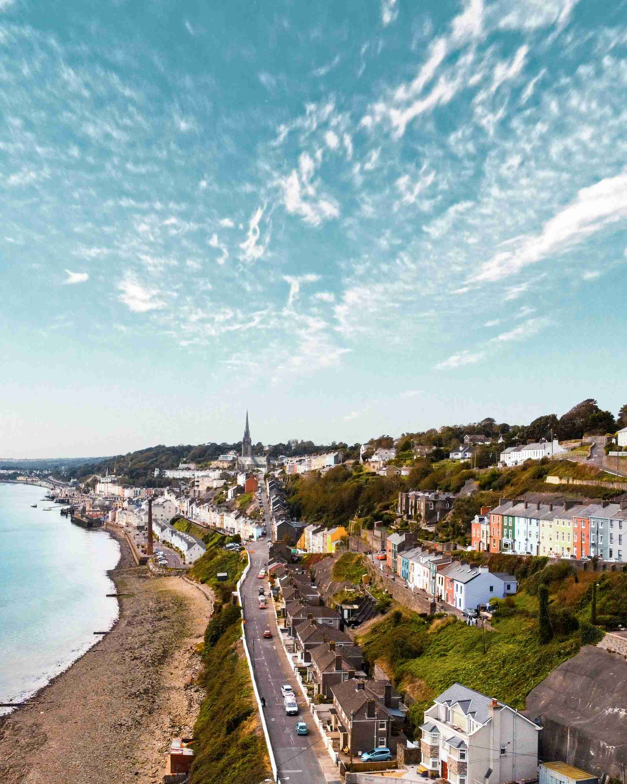 Coastal Town Aerial View With Cloudy Sky