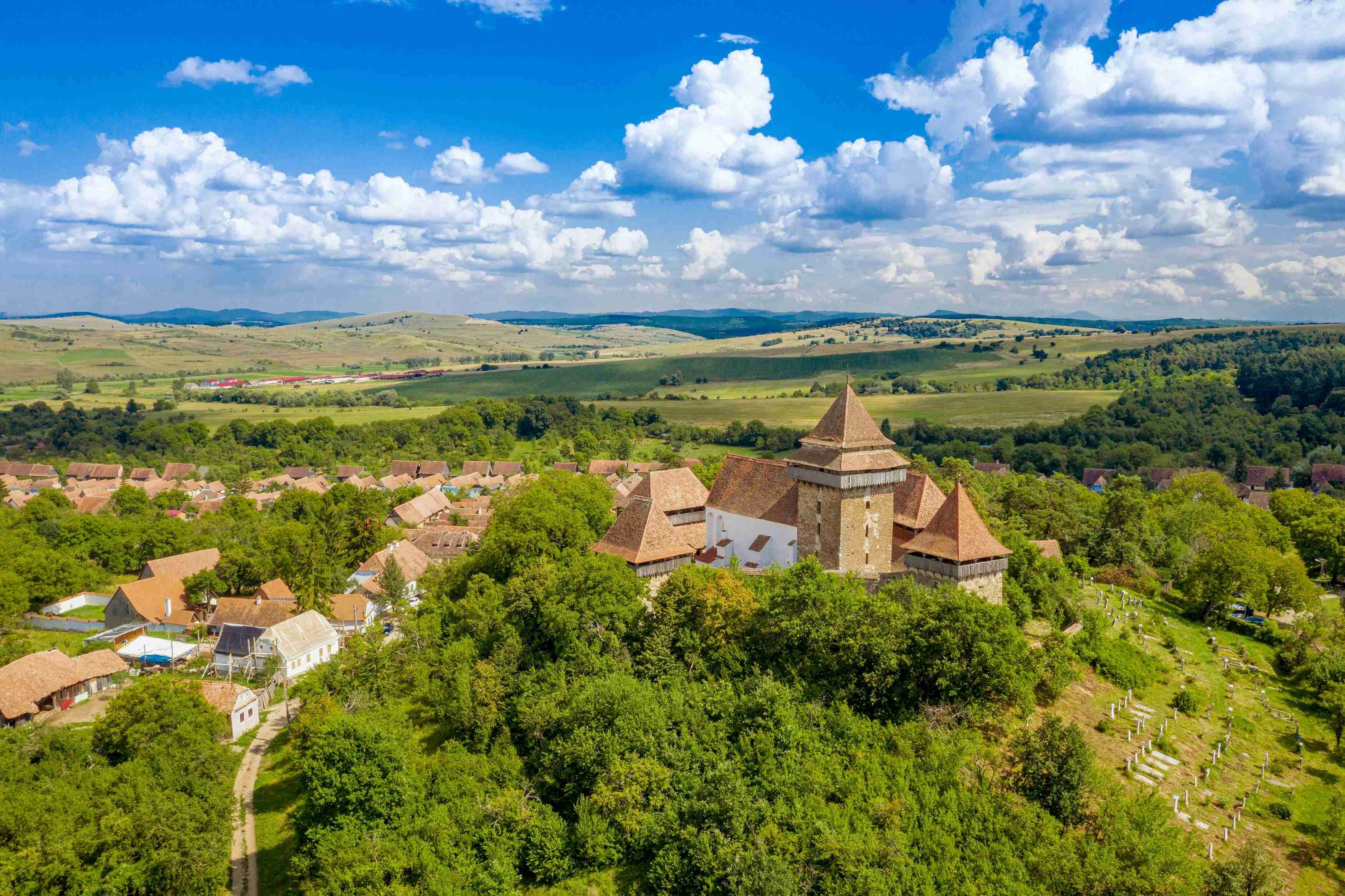 Fortified Church in Rural Landscape Aerial View