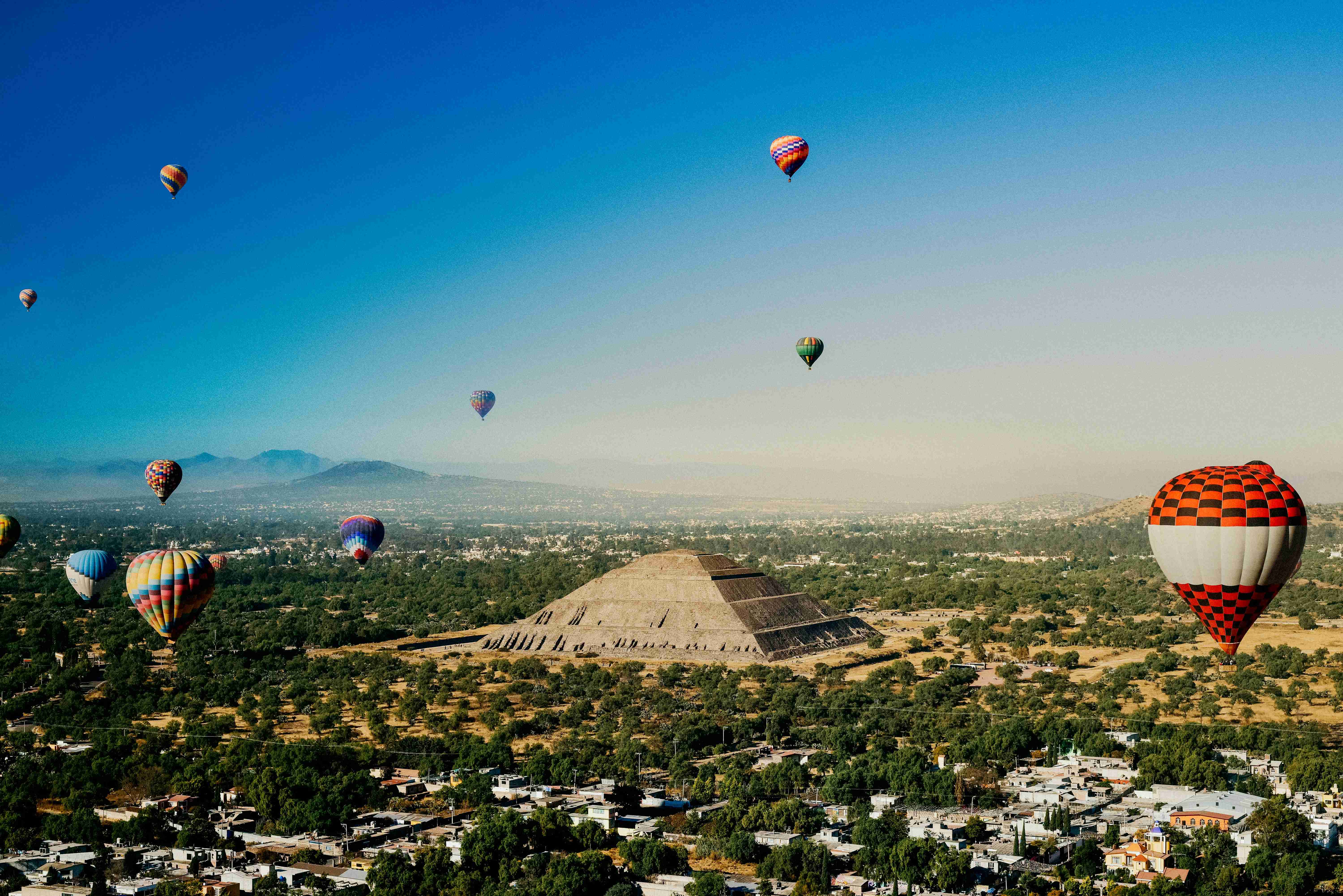 Hot Air Balloons Over Pyramid Teotihuacan Morning