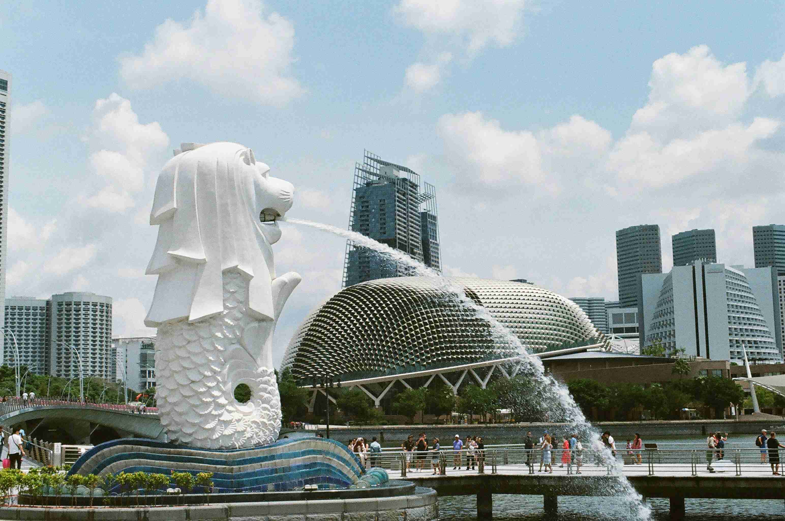 Merlion ed Esplanade Singapore durante il giorno