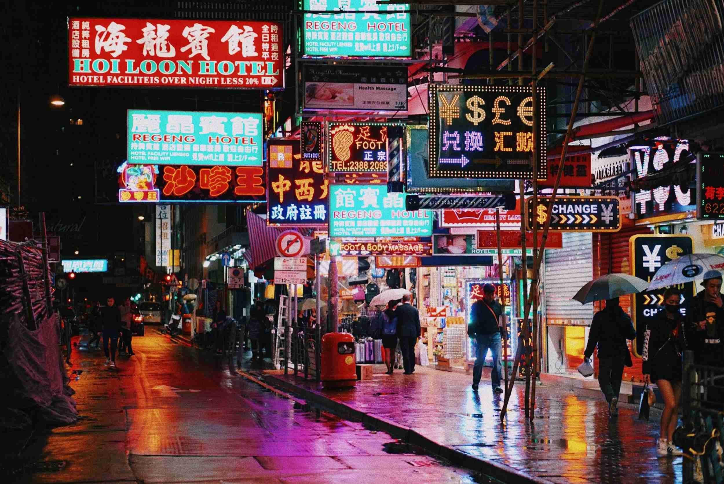 Neon Lights of Hong Kong Street at Night