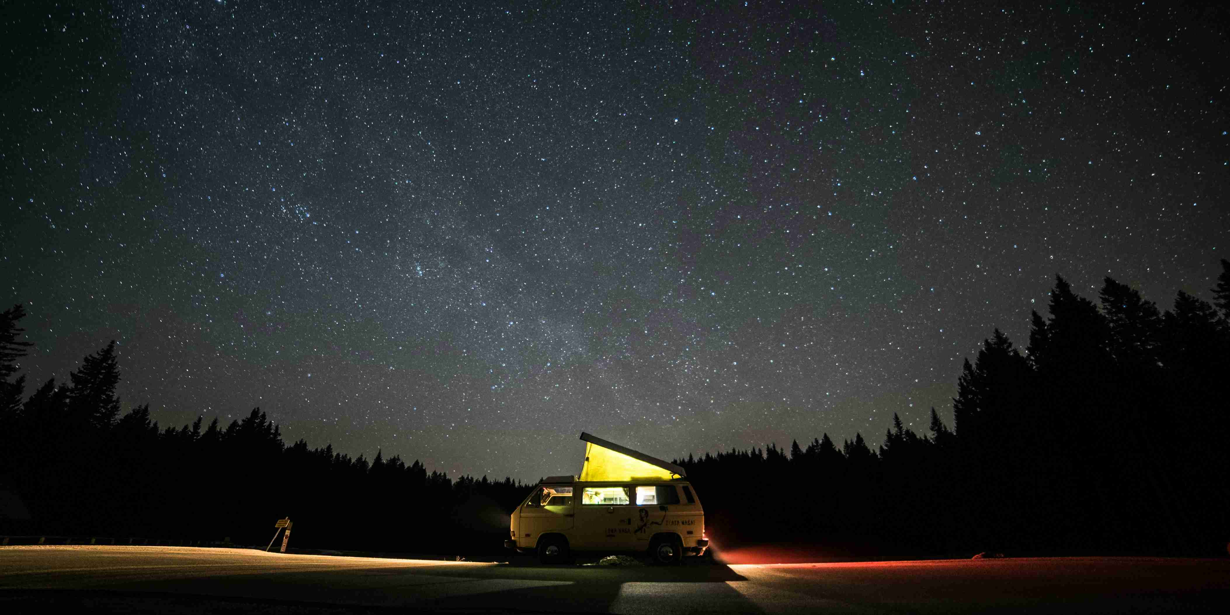 Starry Night Camping Under Starry Sky with Illuminated Camper Van