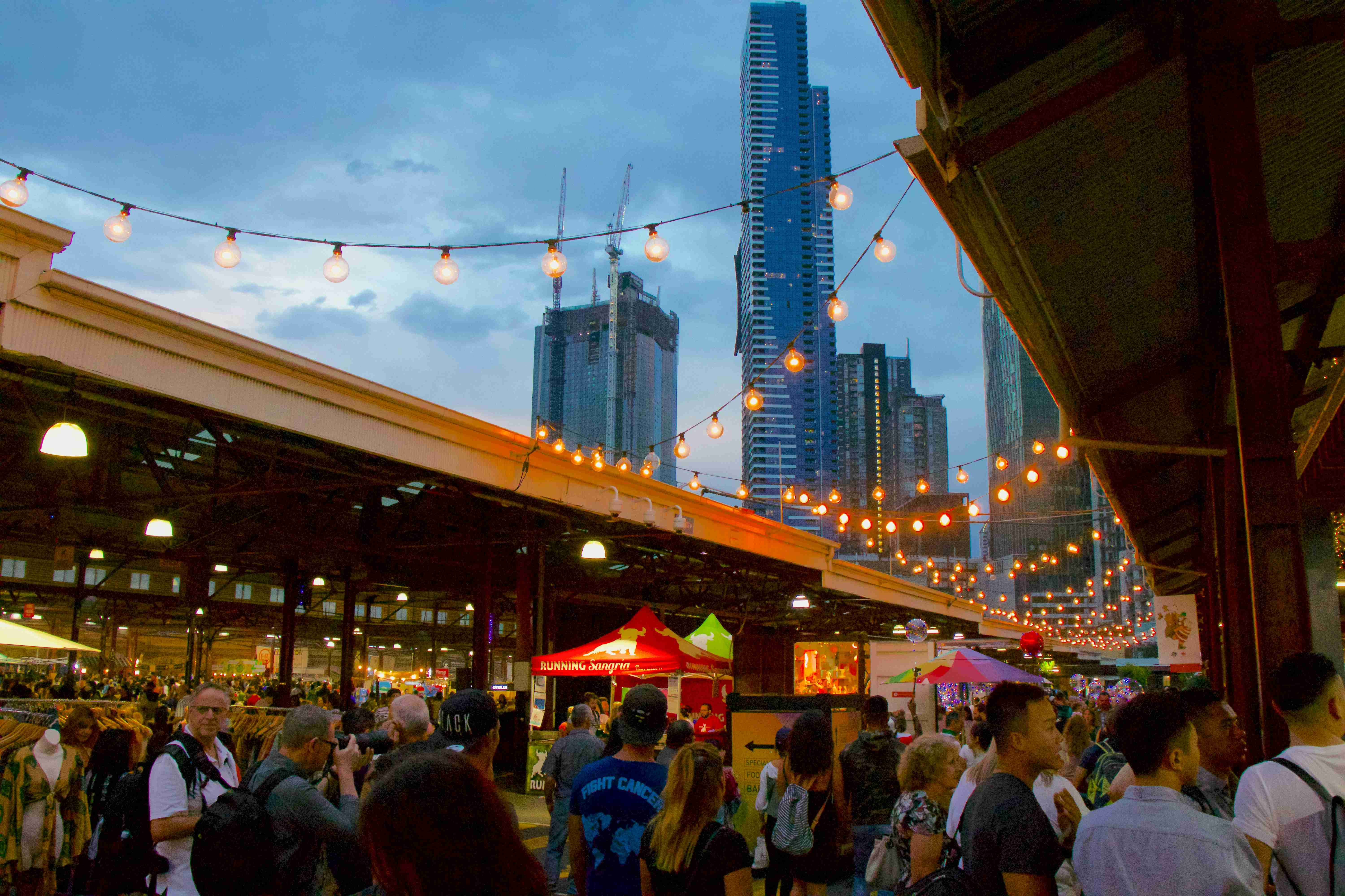Twilight Market Scene with City Backdrop