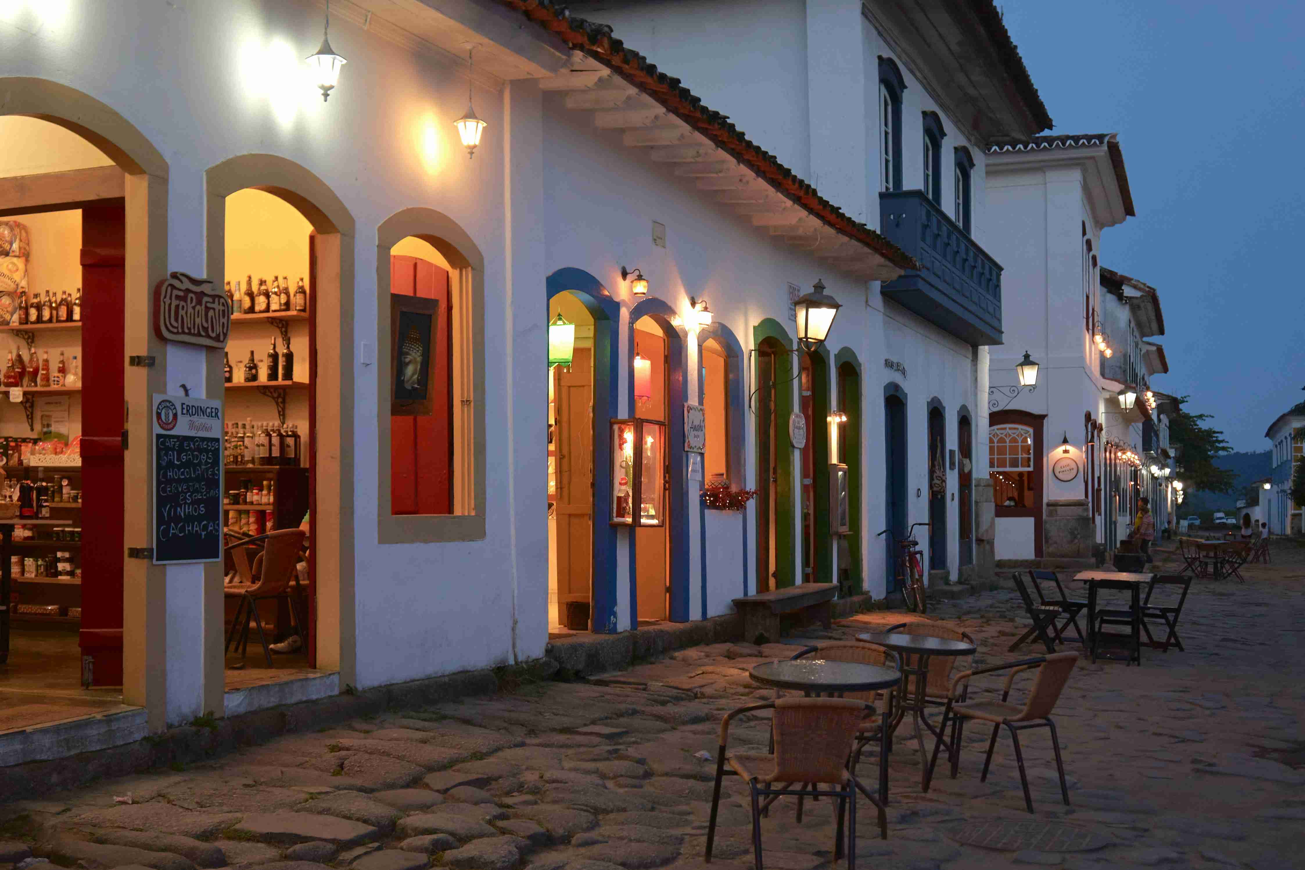 Twilight in Historic Town Cobblestone Street and Colorful Architecture
