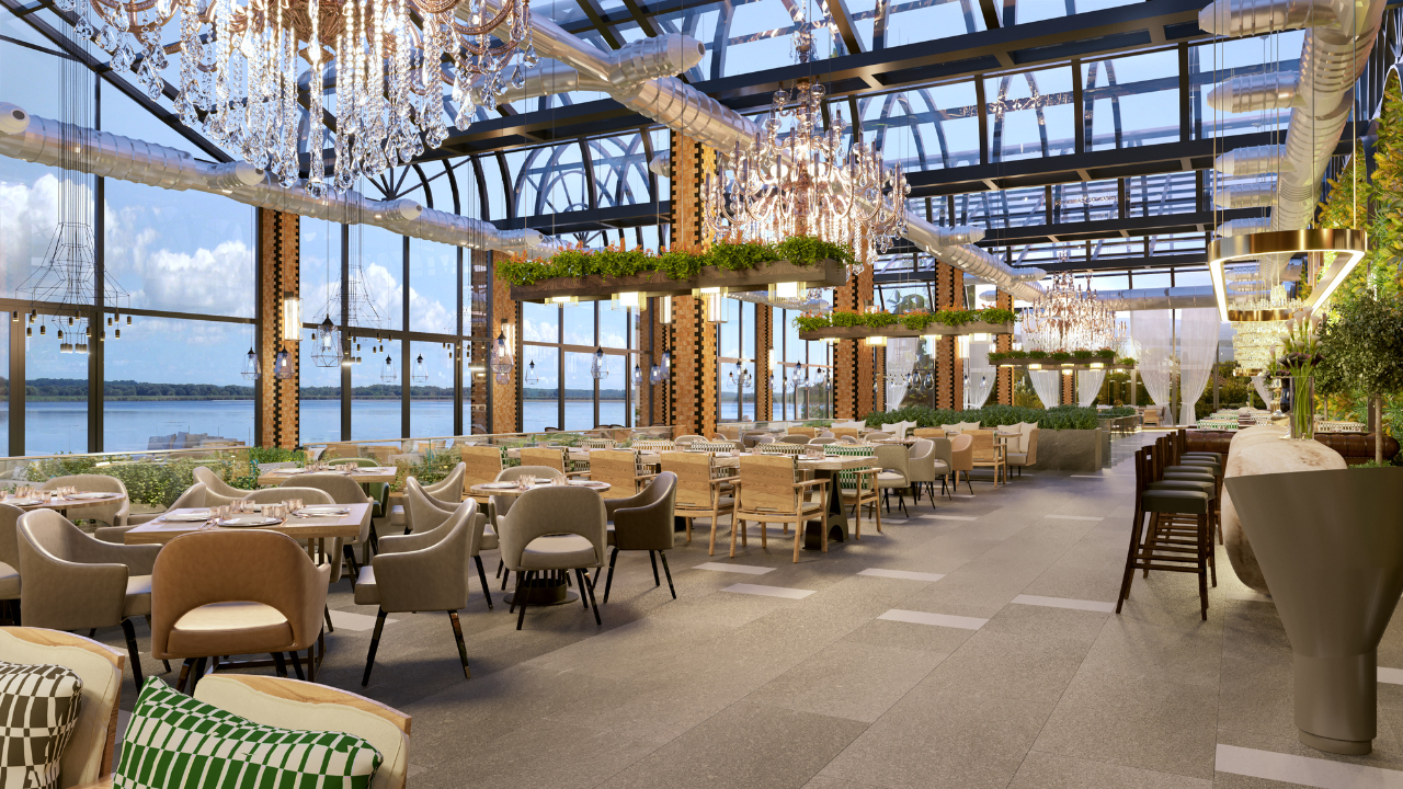 Chic Waterfront Dining with Chandeliers