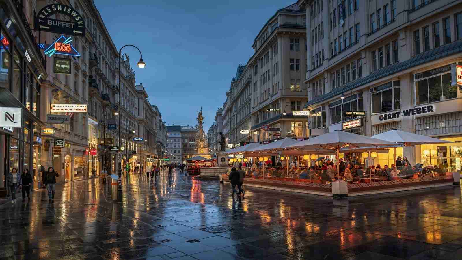 A Cozy Evening Stroll Down Vienna's Illuminated Shopping Street