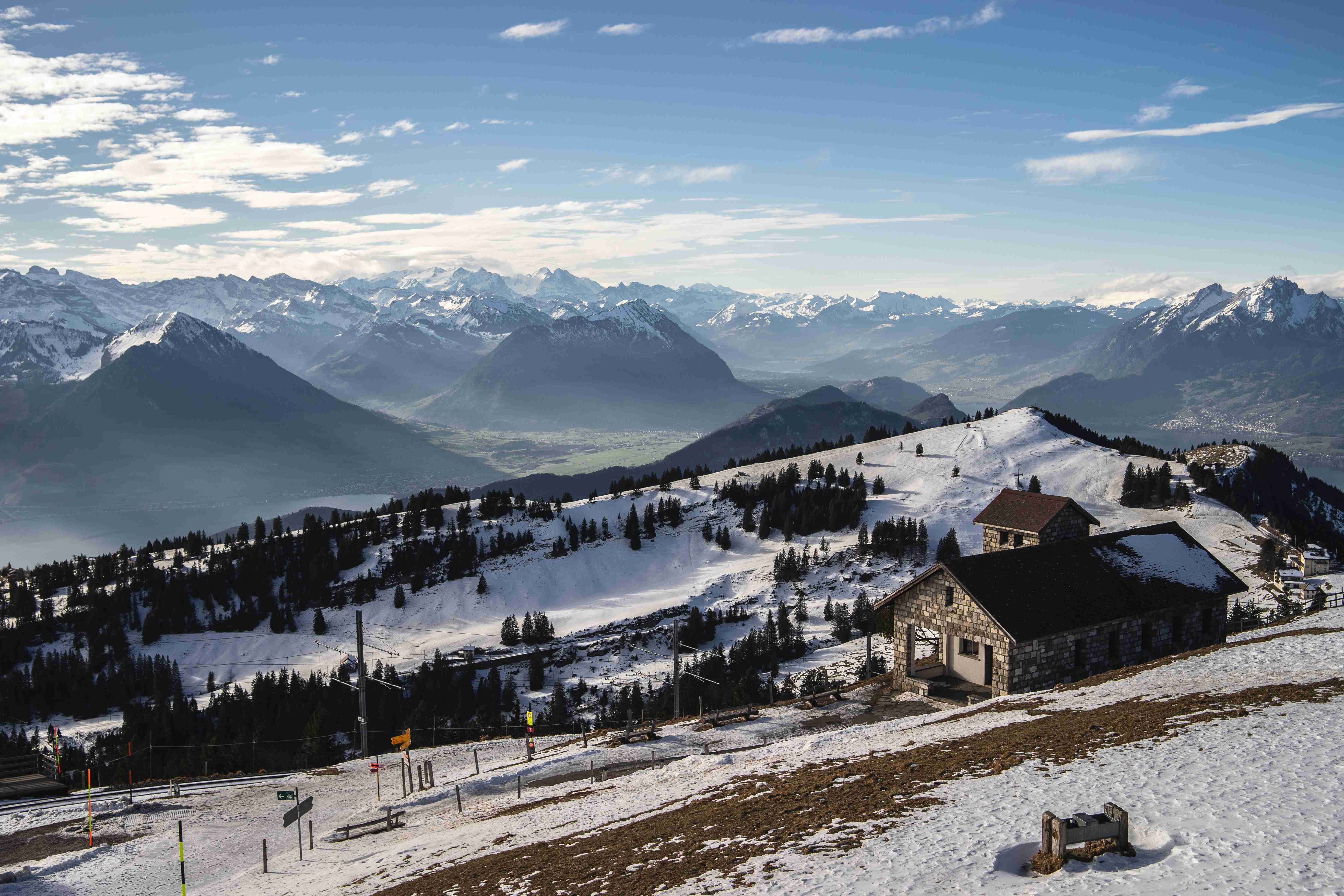 beautiful view rigi mountain range sunny winter day with brick buildings