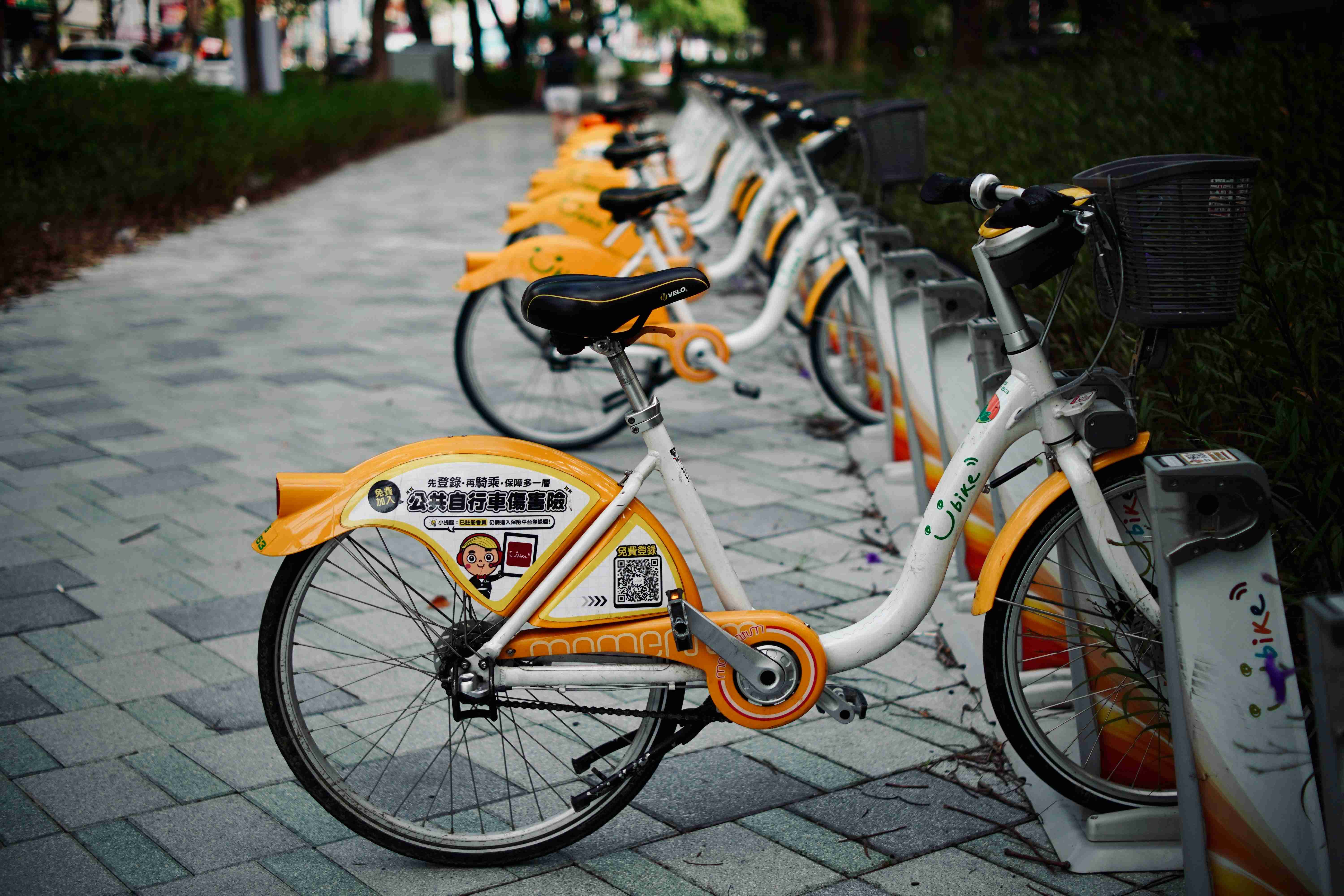 a row of bikes parked next to each other