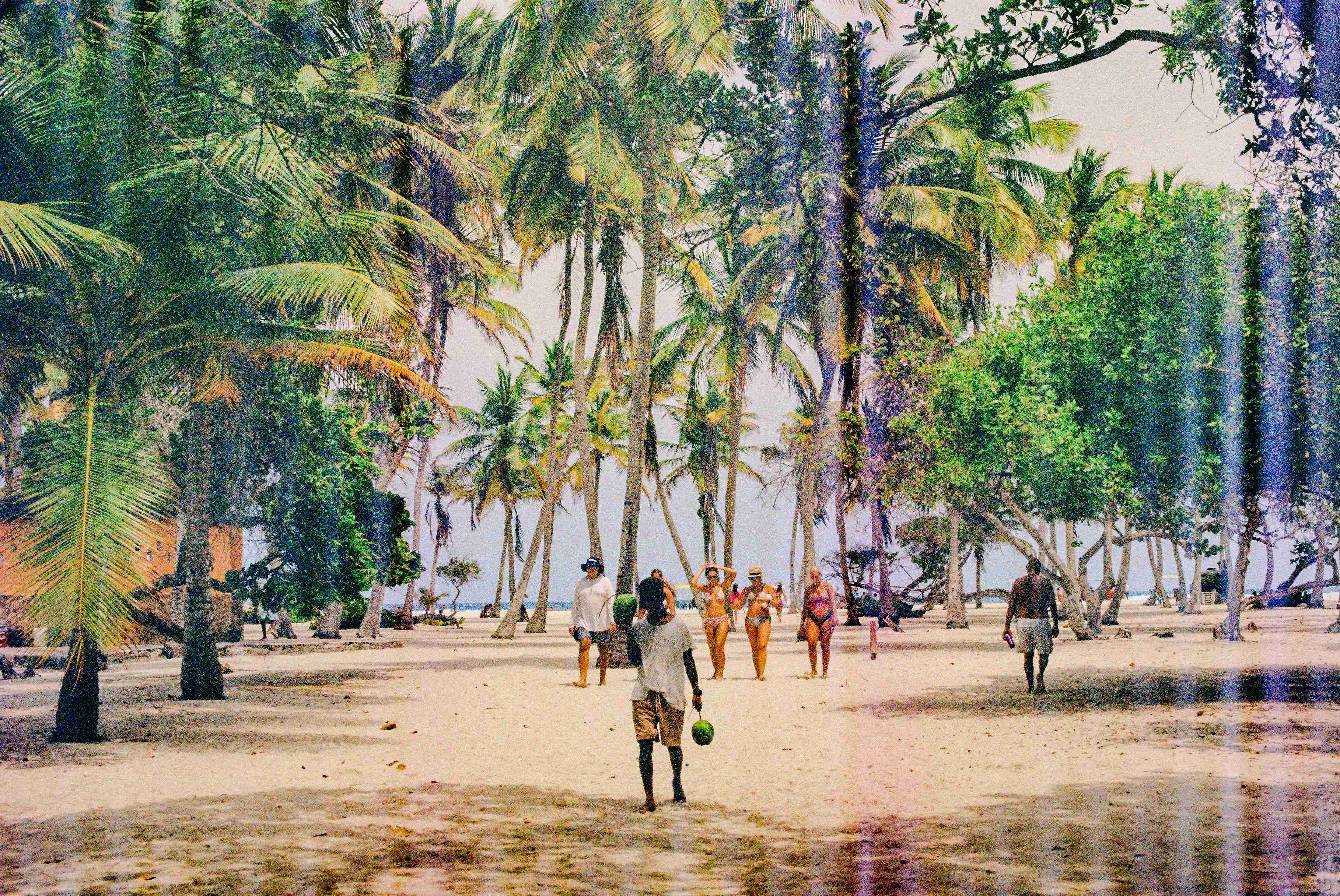 grupė žmonių vaikščiojančių per smėlėtą paplūdimį