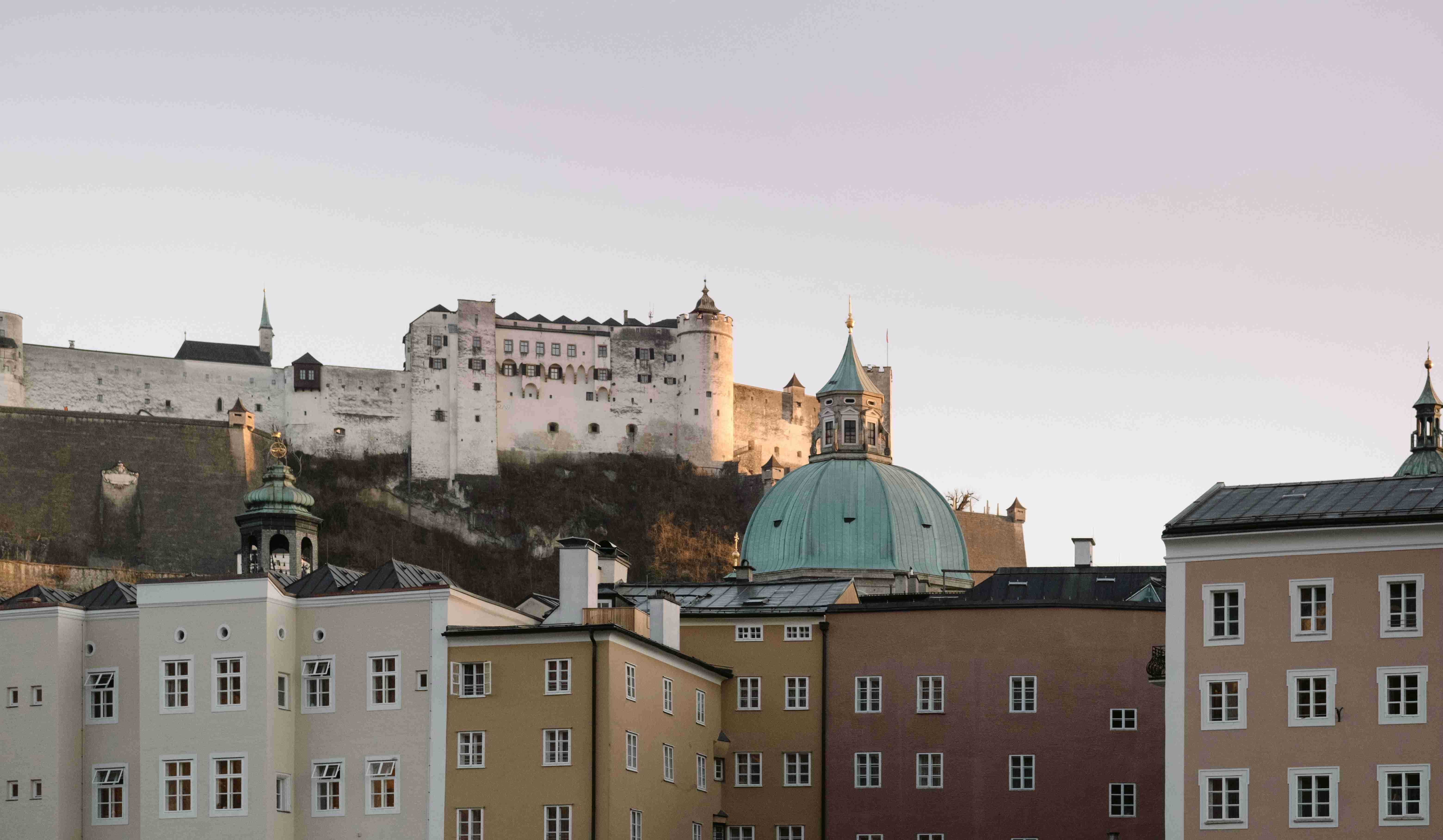 a view of a city with a castle in the background