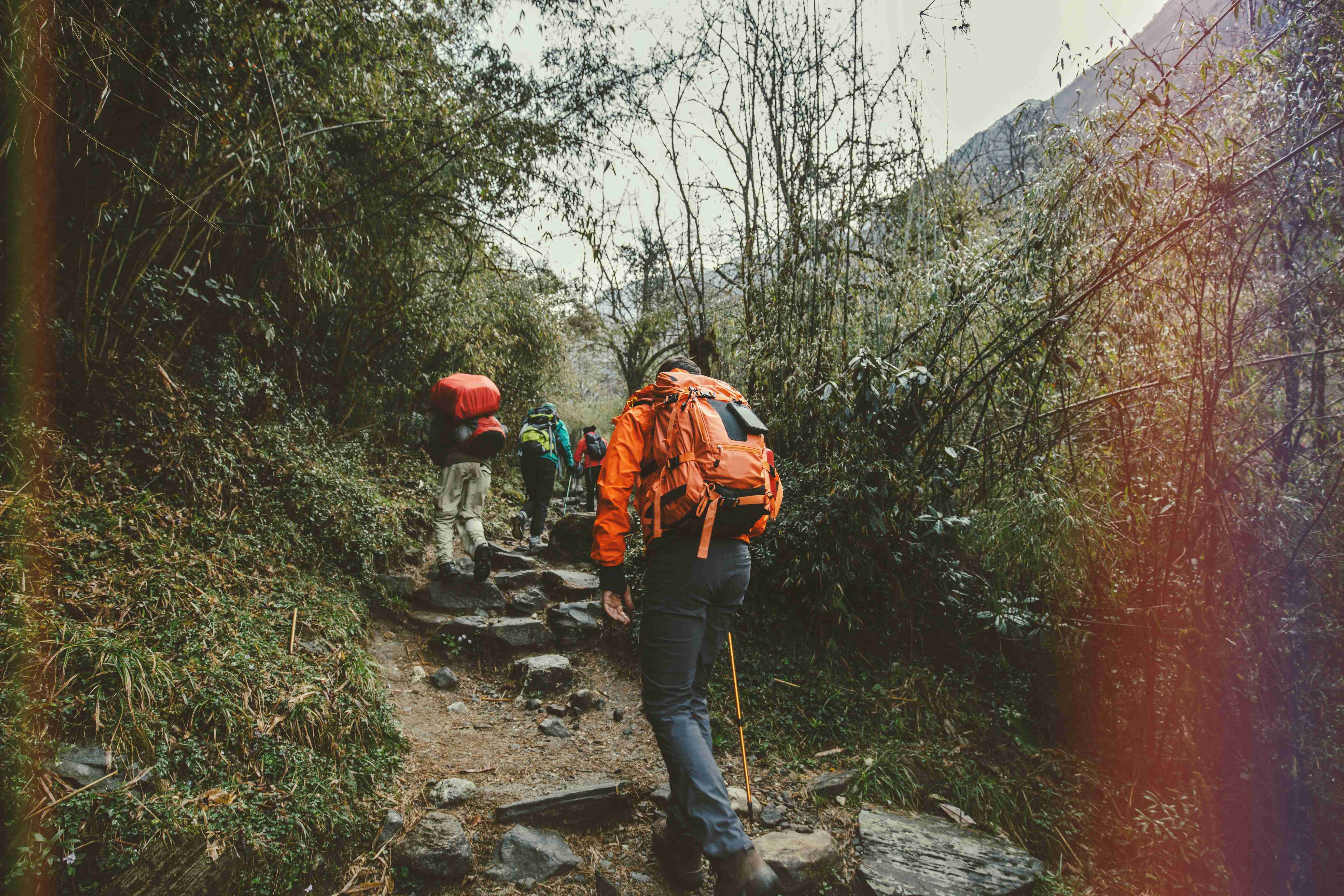 retro style photo of group of mountain trekkers