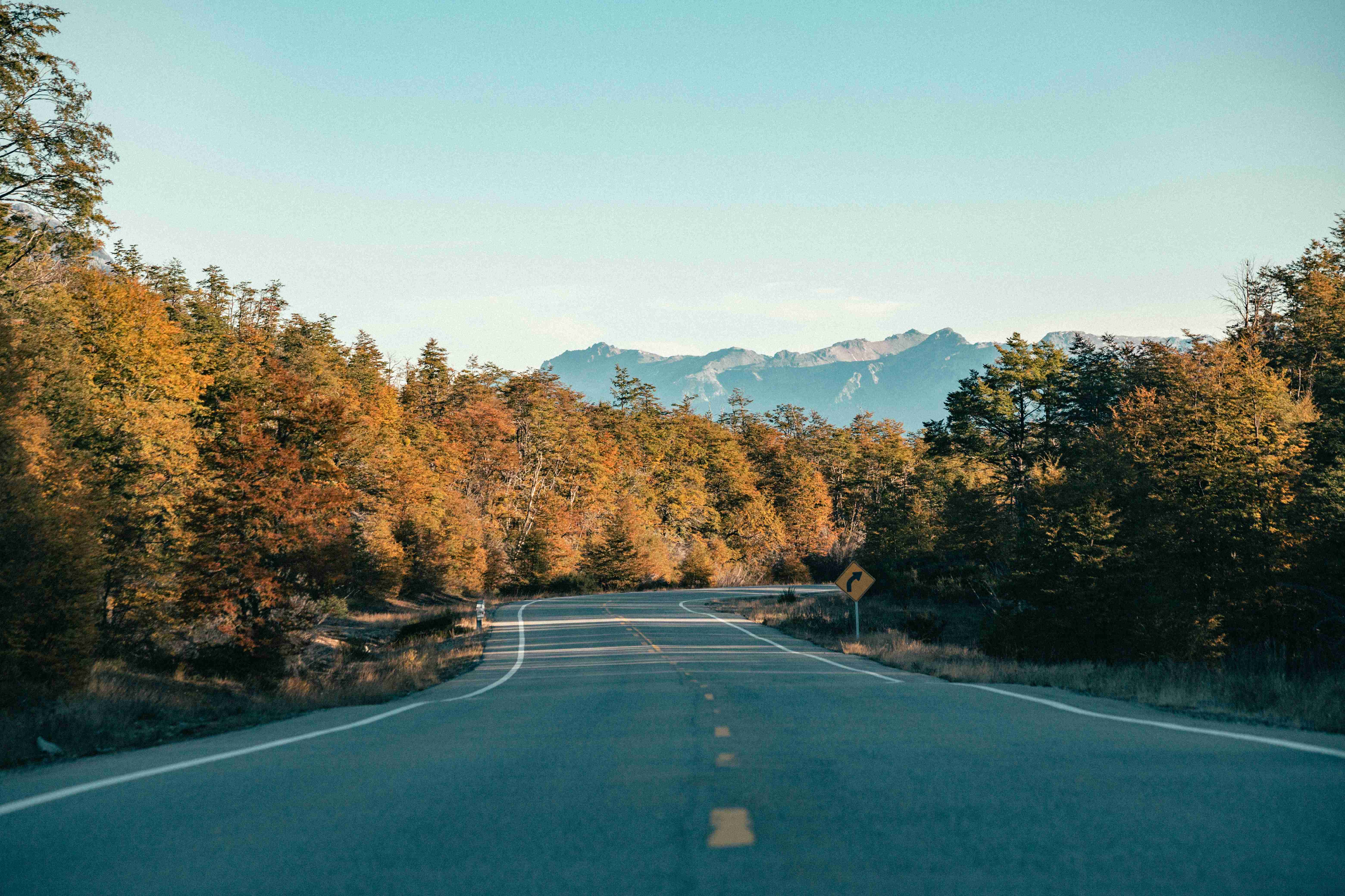 an empty road surrounded by trees with mountains