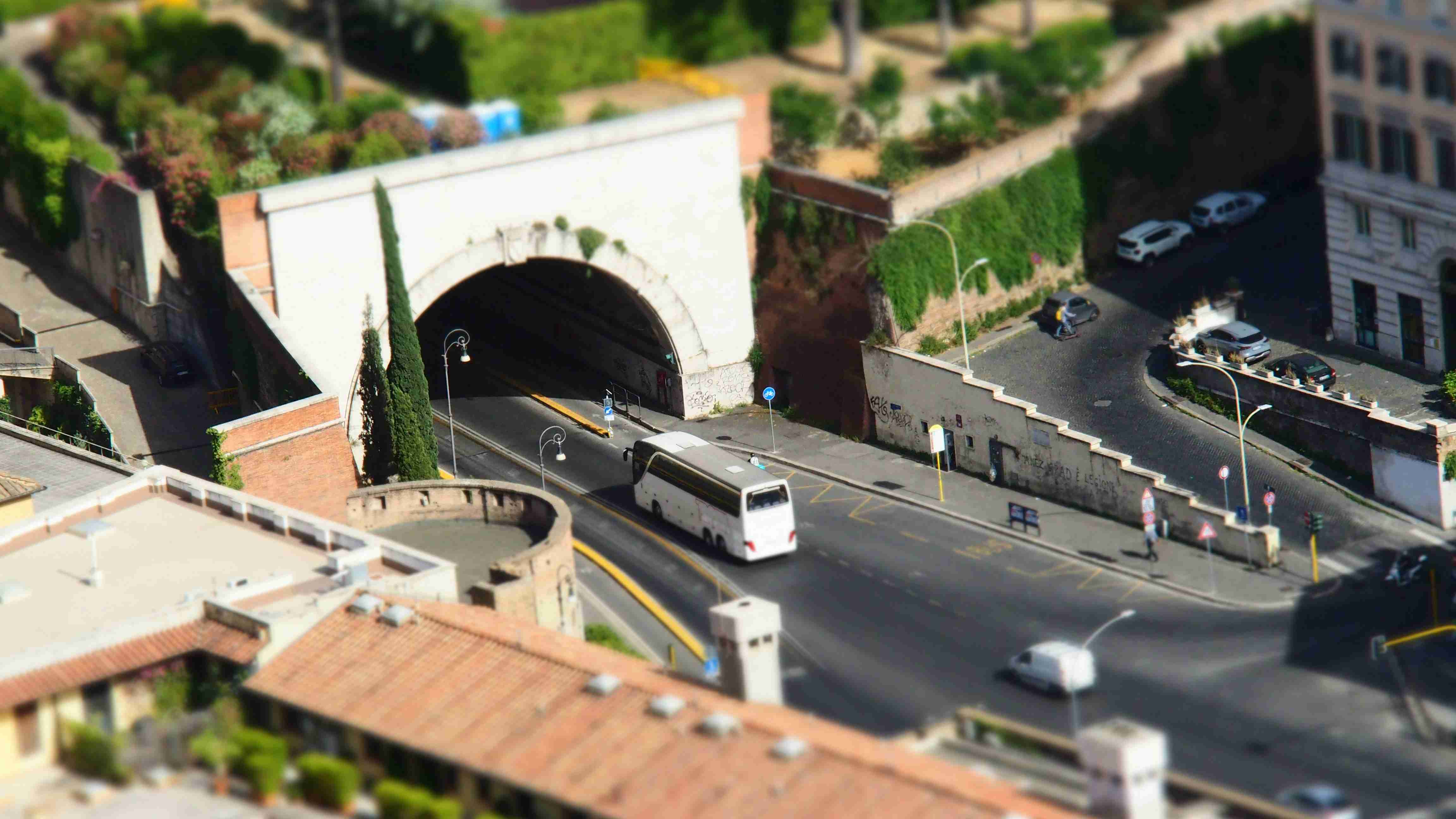 a bus going through a tunnel