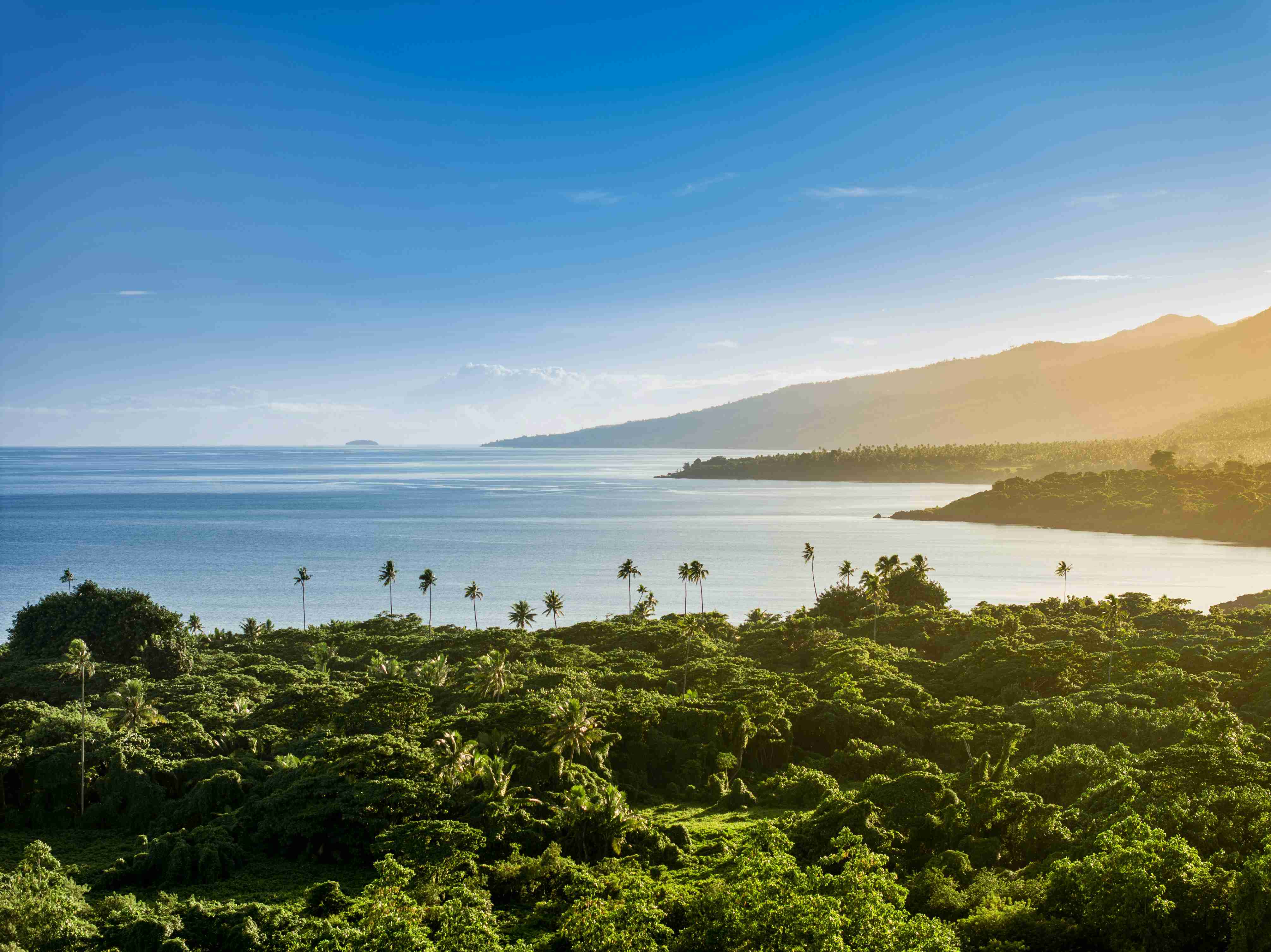 a view of the ocean and mountains from a hill