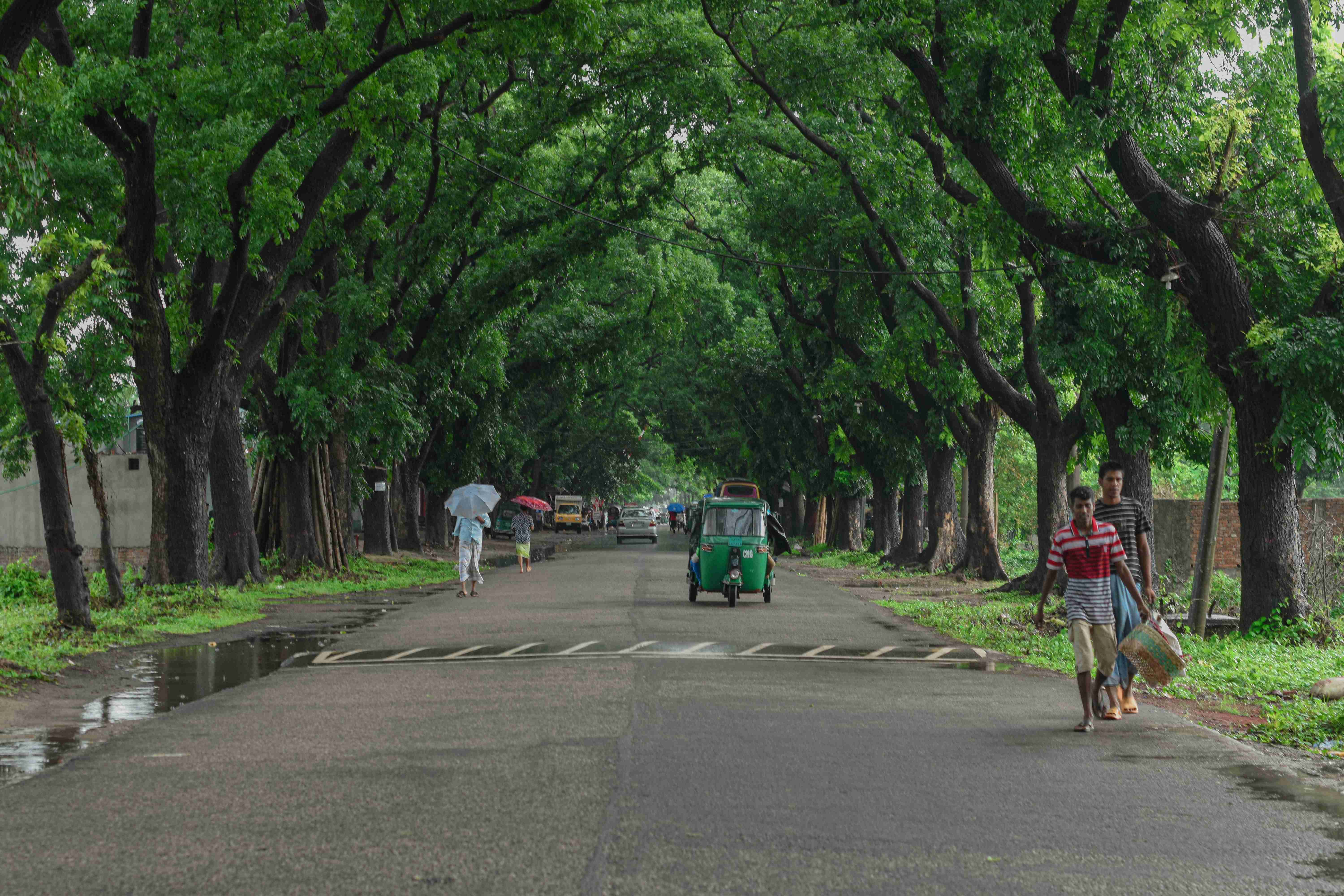 ein paar Leute gehen eine Straße entlang