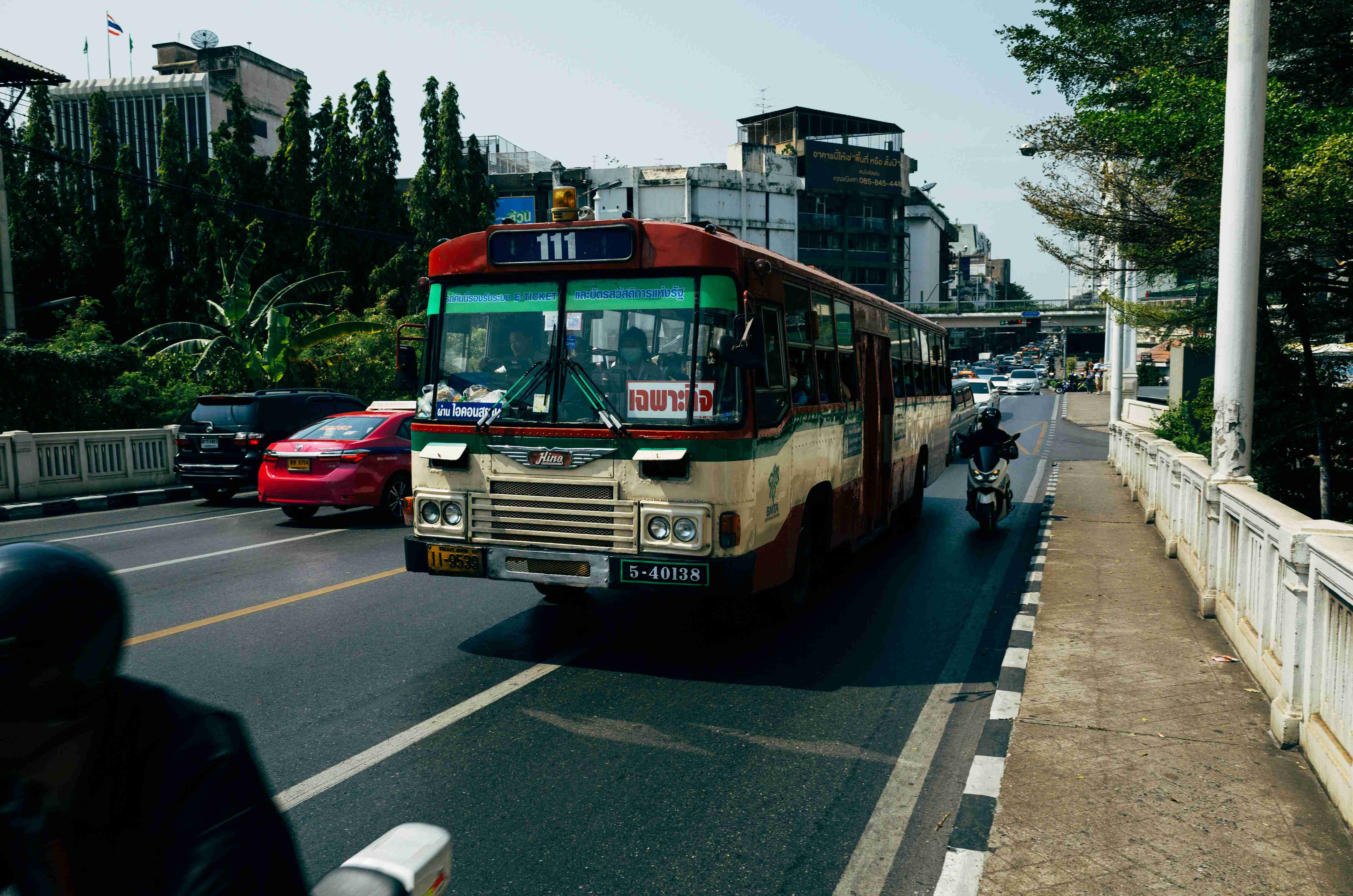 red and white bus