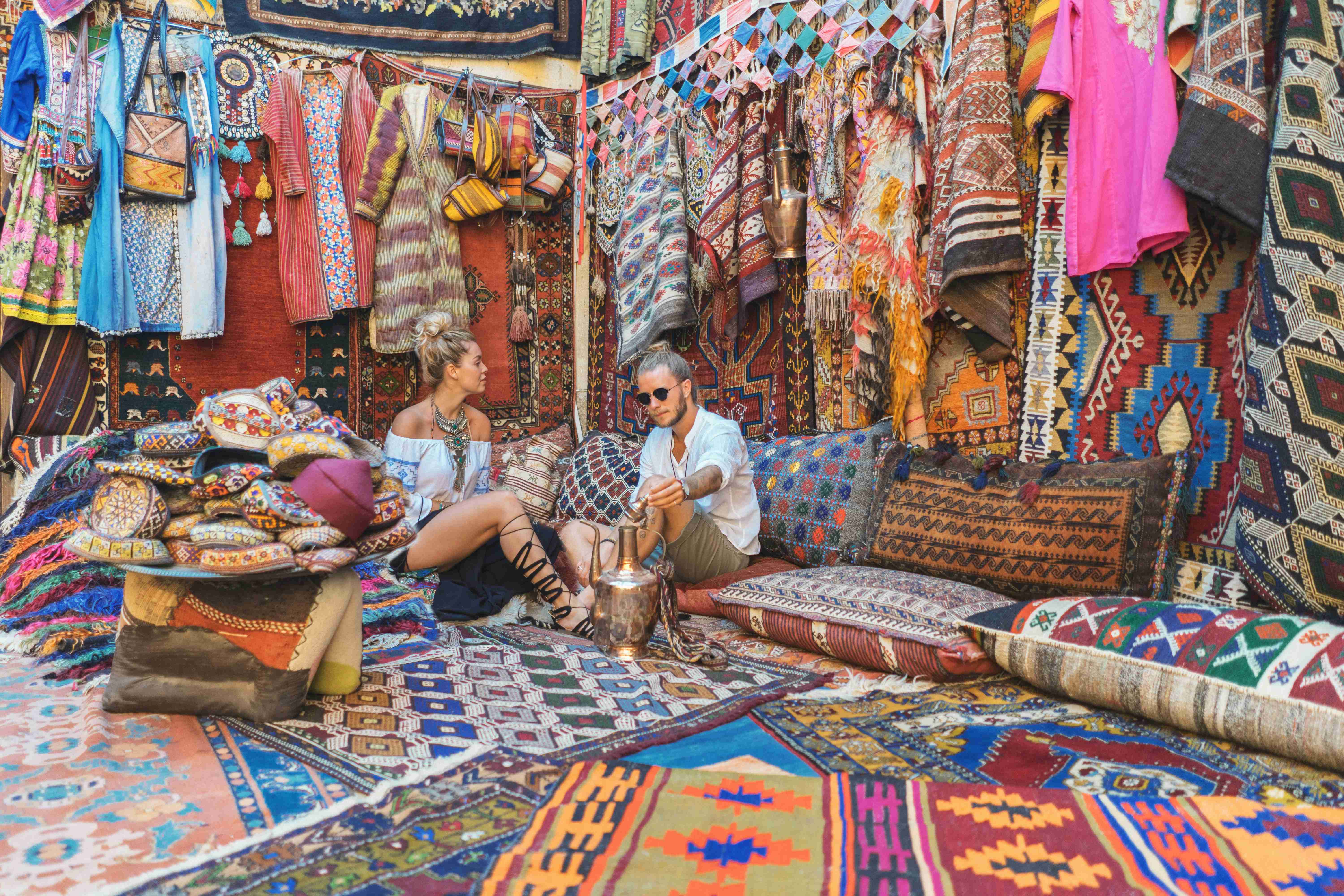 Busy Market Scene with Historic Mosque in Background