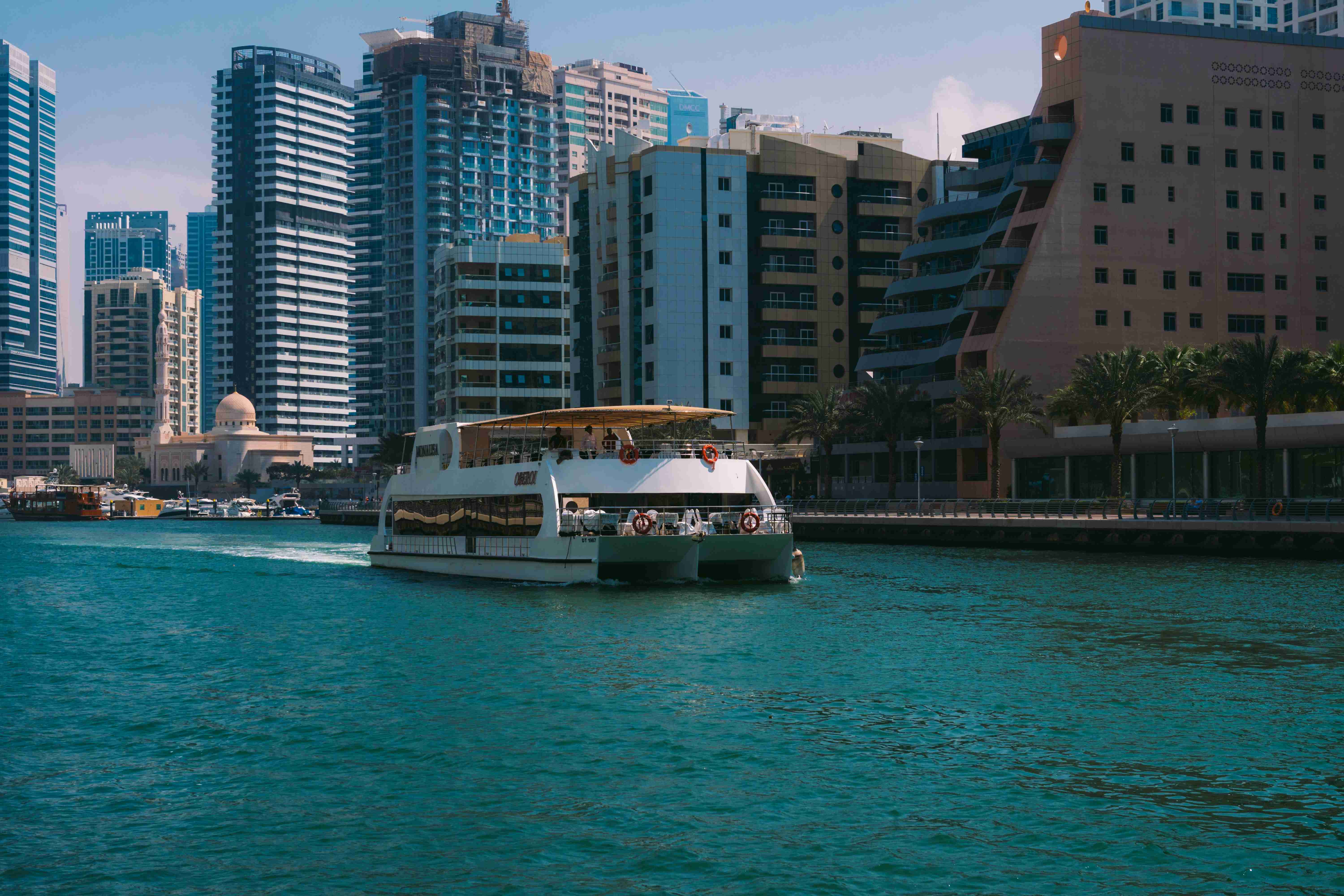 a large boat traveling down a river