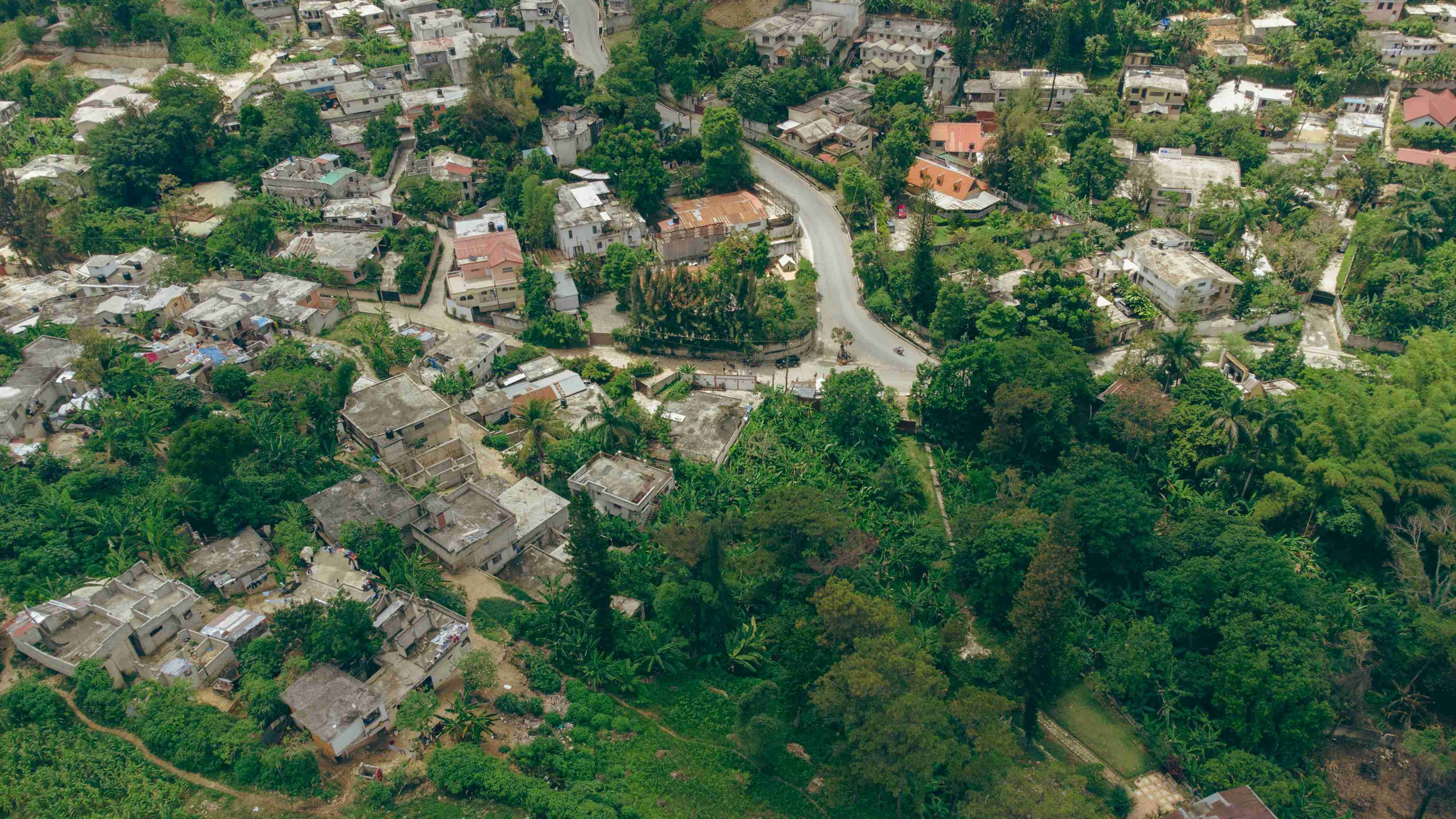 una vista aerea di una piccola città circondata da alberi