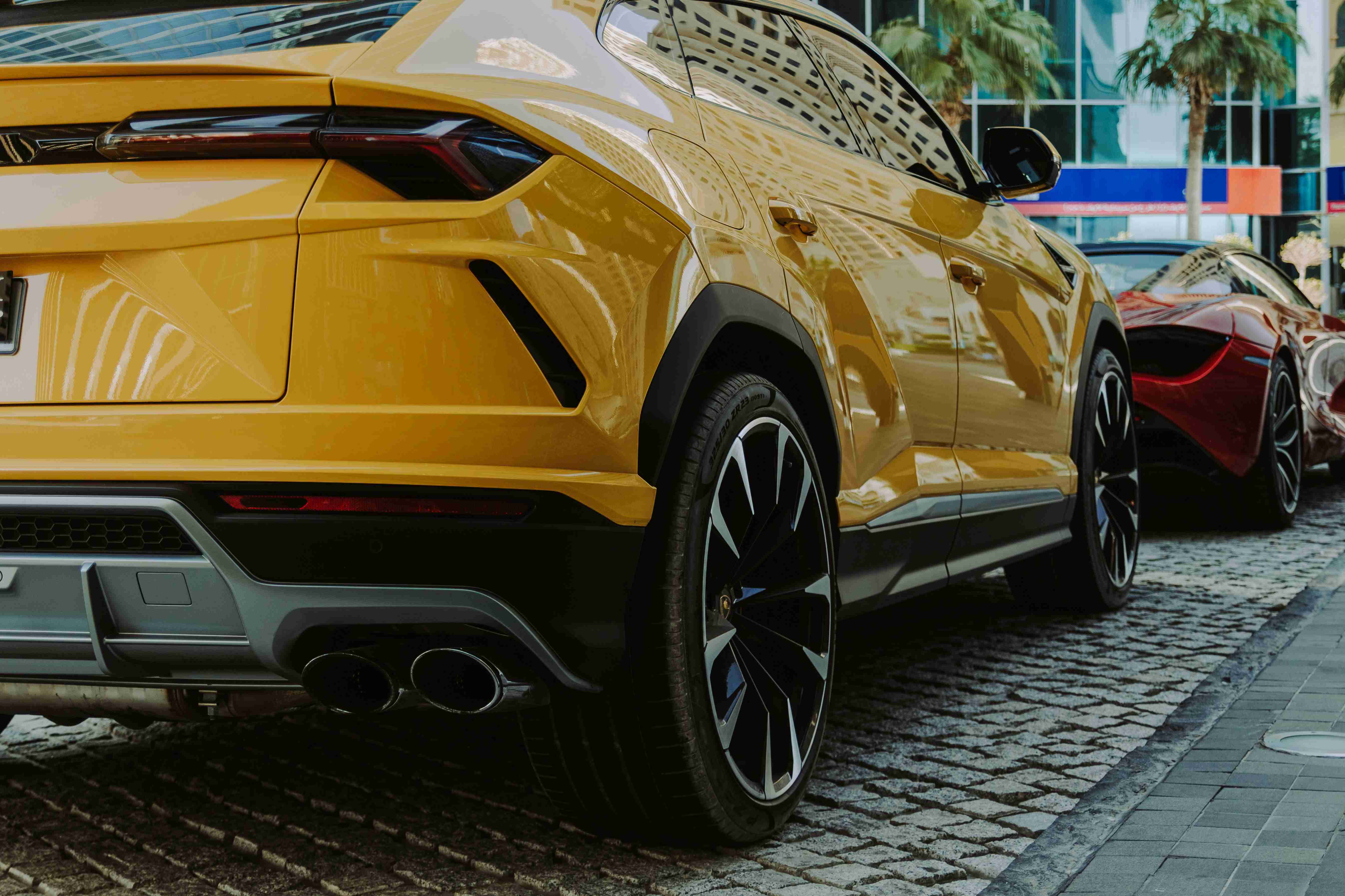 close-up of a luxury yellow lamborghini