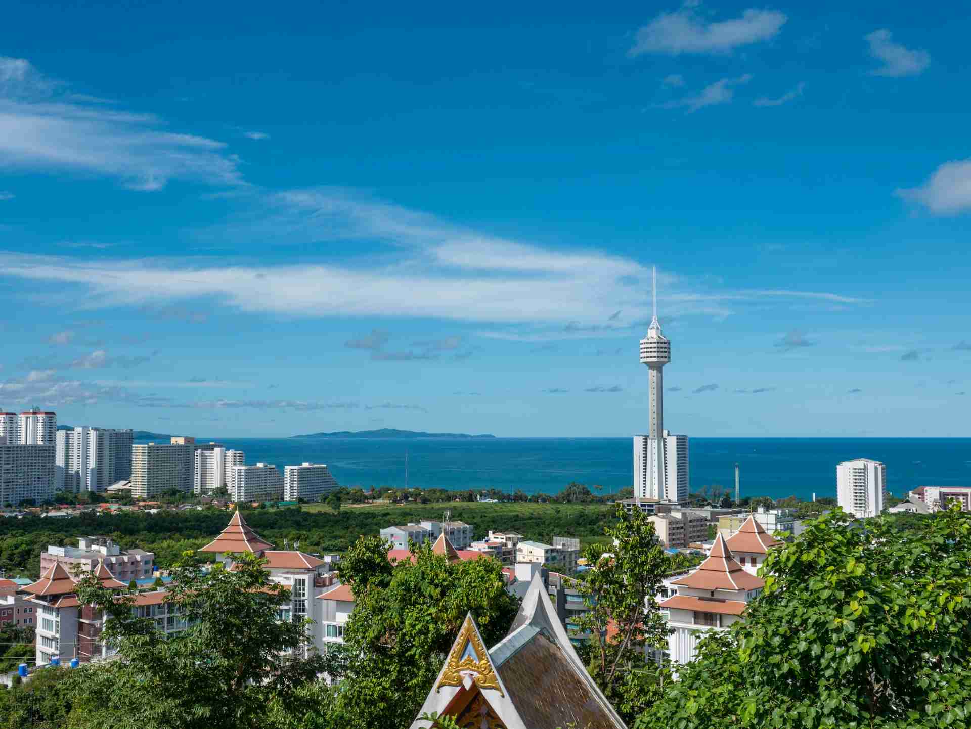 The image shows a coastal cityscape with modern buildings, a tall observation tower, greenery, and the ocean under a clear blue sky