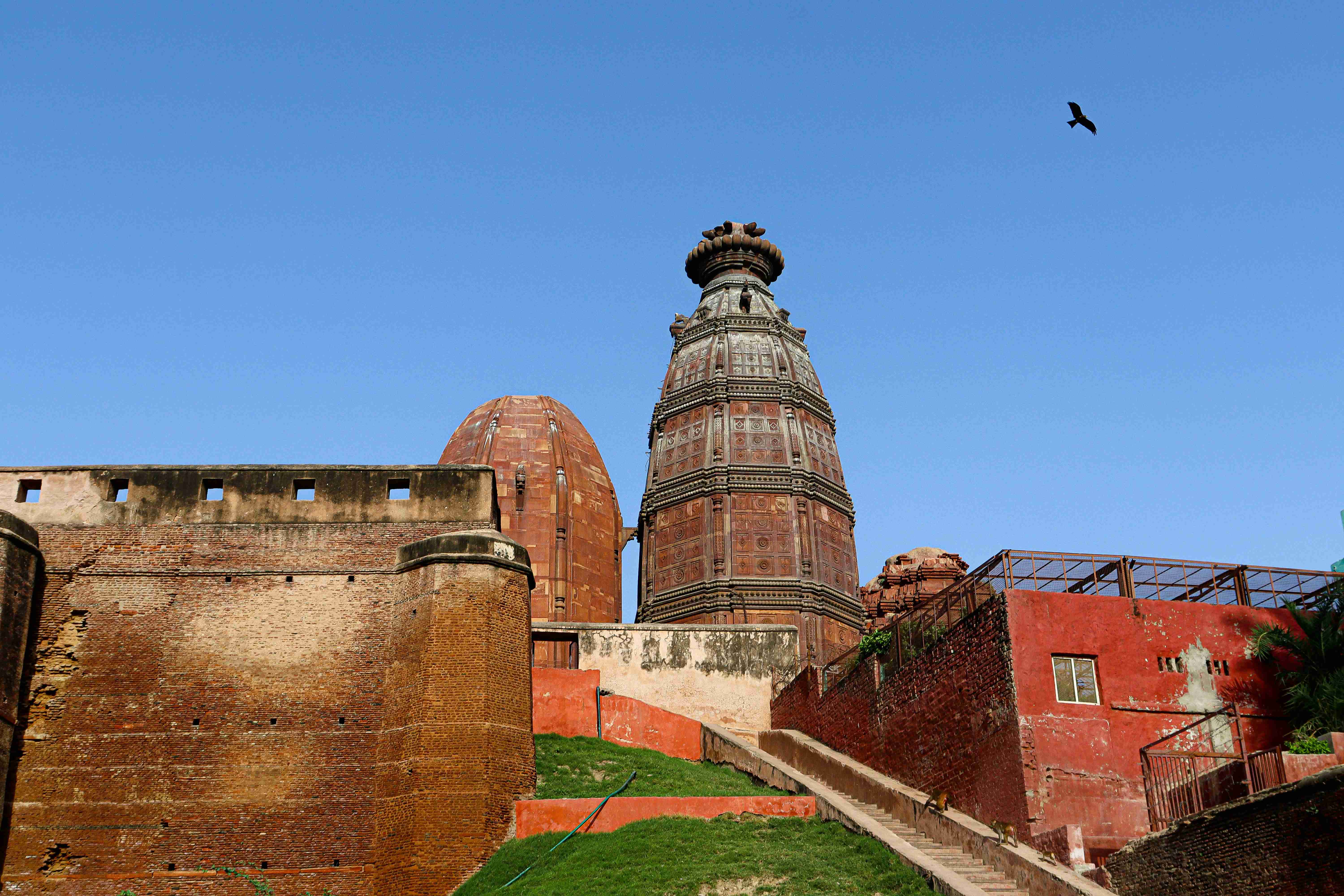 an-old-building-with-a-bird-flying-over-it